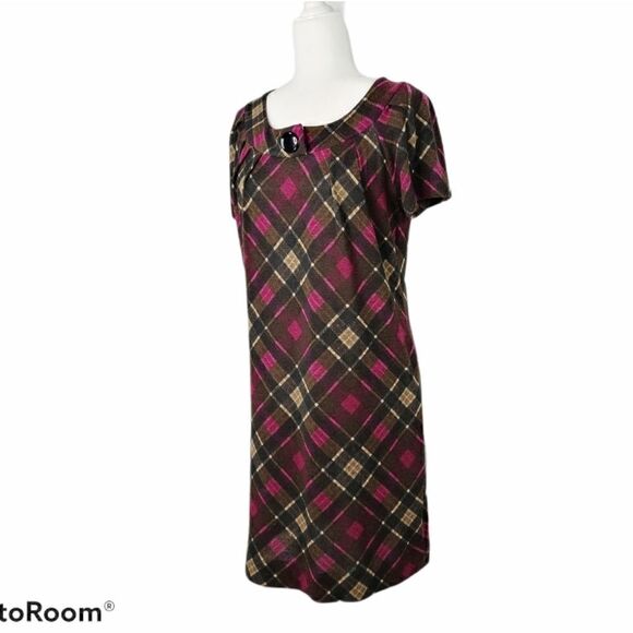 AGB Plaid Pink Brown Black Sheath Dress Crew Neck Short Sleeve Button Women’s 6 - Picture 5 of 13